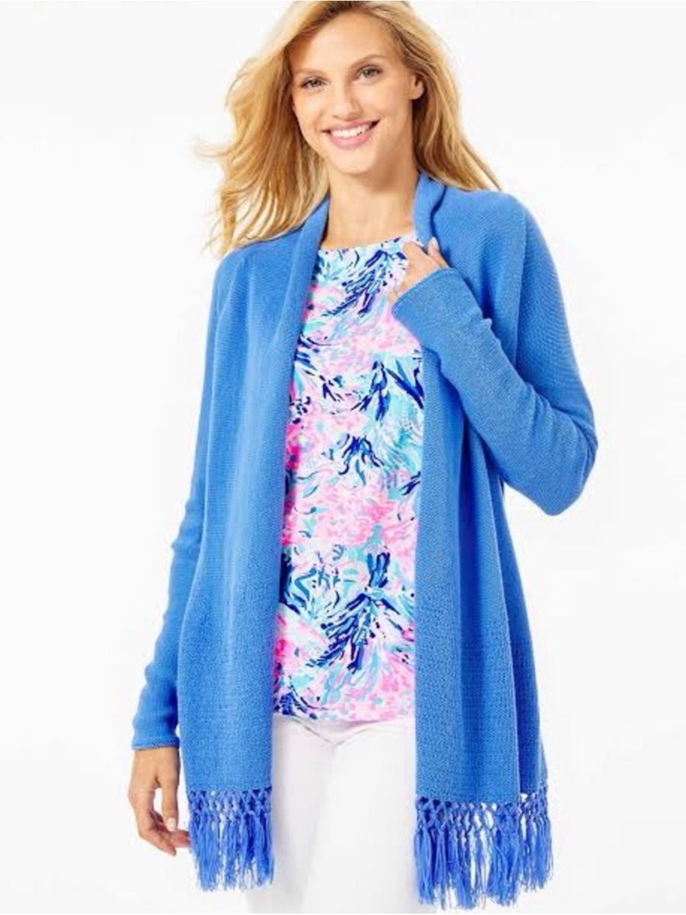 Lilly Pulitzer Blue Fringe Cardigan XS Cotton Blend Coastal Preppy Boho Sweater